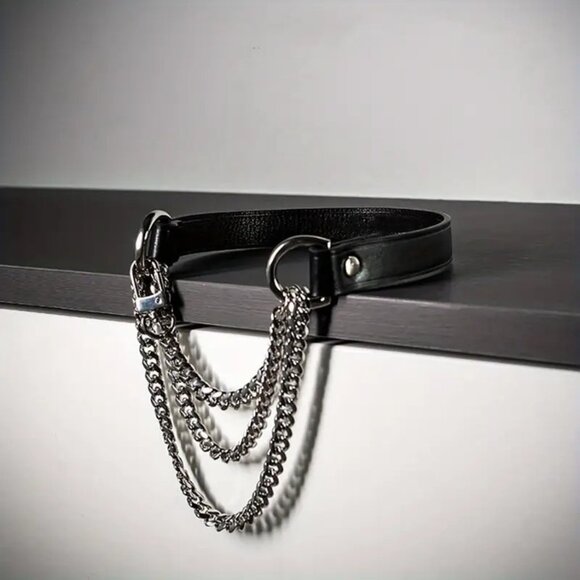 New Genuine Leather Gothic Choker Punk Collar Black Metal Chains Necklace Unisex - Picture 3 of 3